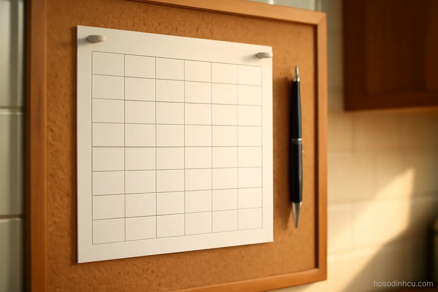 a printed table pinned to a kitchen corkboard with a pen hanging beside it, warm light, cells empty