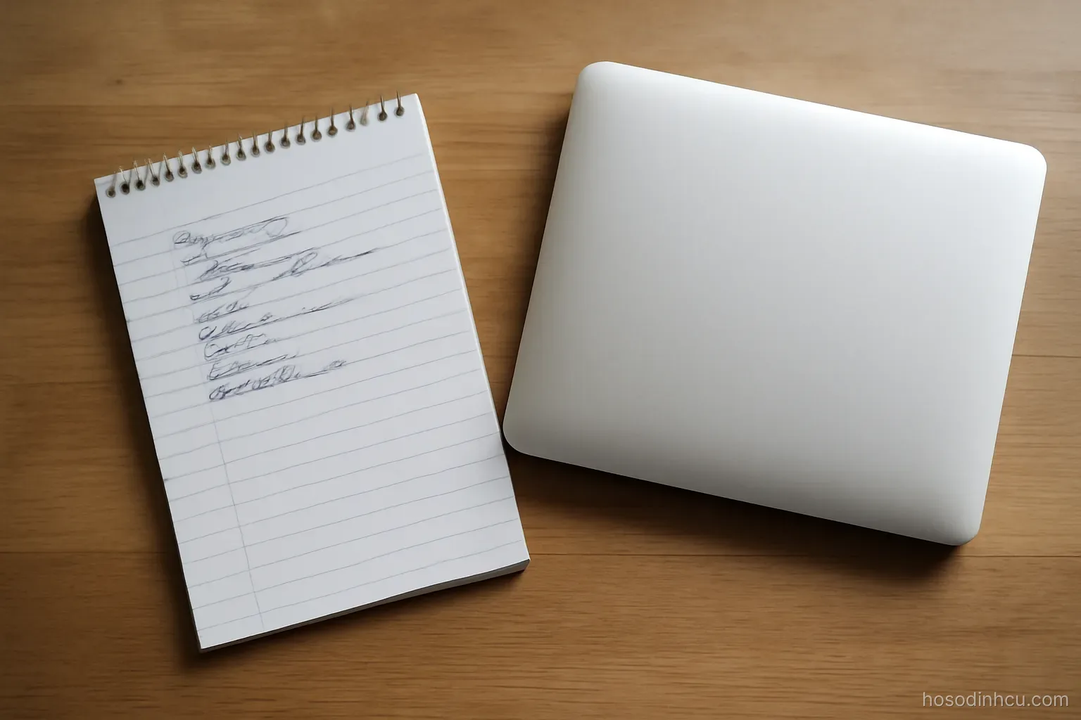 a handwritten list on a notepad beside a laptop closed on a desk, overhead view, handwriting not legible