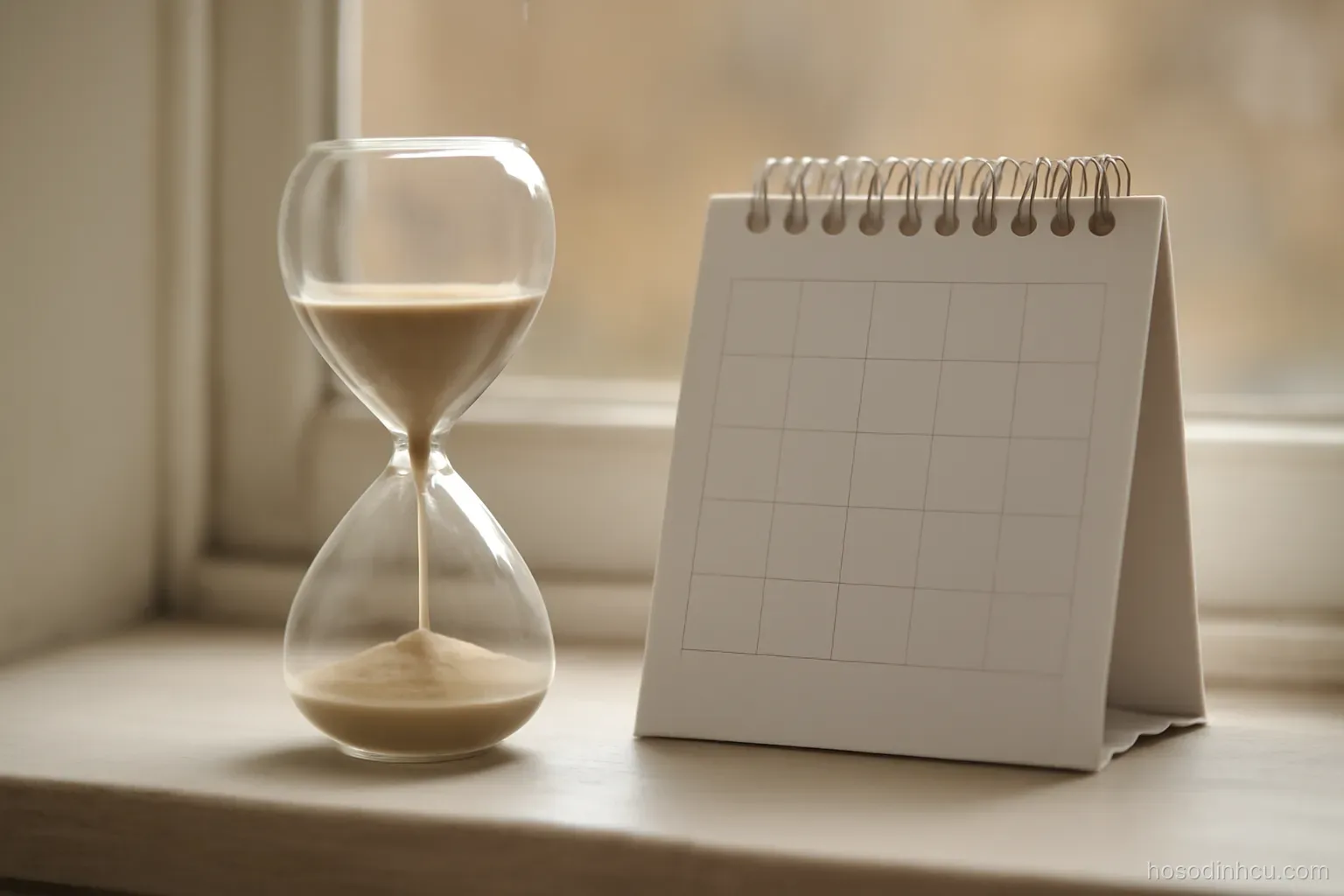 an hourglass and a small desk calendar standing side by side on a windowsill, morning light, calendar grid blank