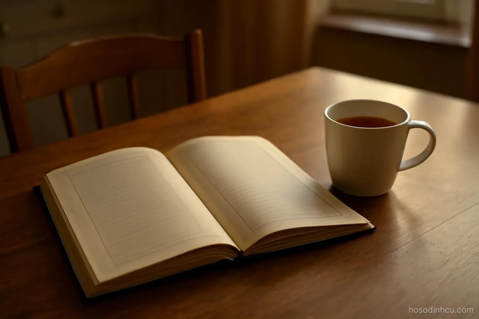 a household ledger book open on a kitchen table beside a cup of tea, evening light, page lines empty