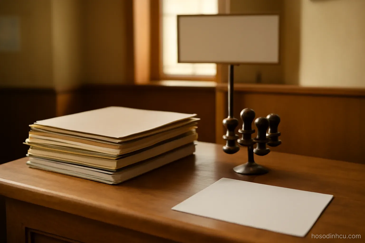 a small translation office counter with a stack of folders and a stamp holder, warm indoor light, no signage