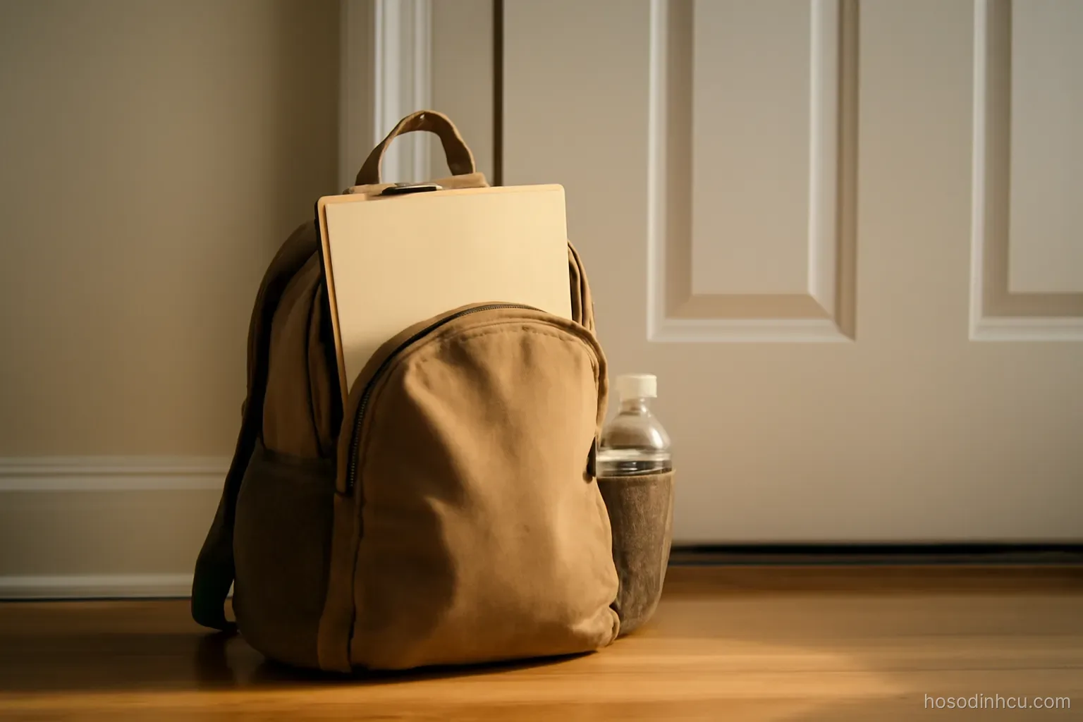 a small bag packed with a folder and a water bottle sitting by a front door, morning light, contents unlabelled