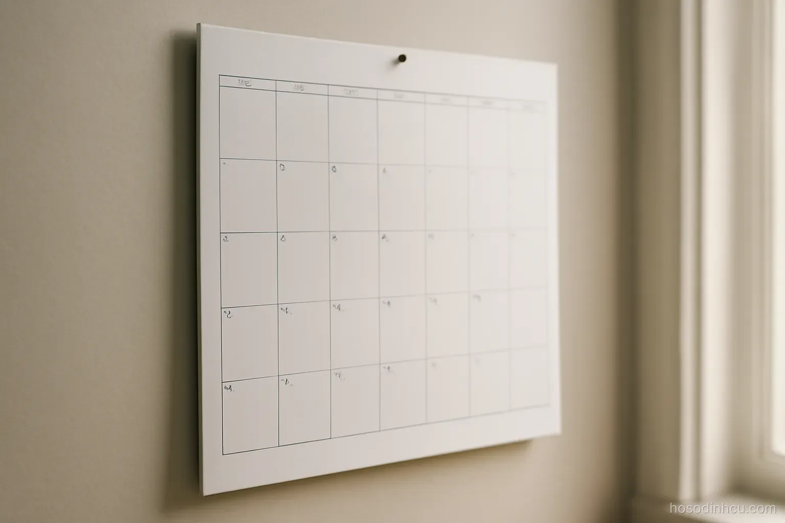 a wall calendar with several small marks on scattered days, plain grid without numbers, side daylight