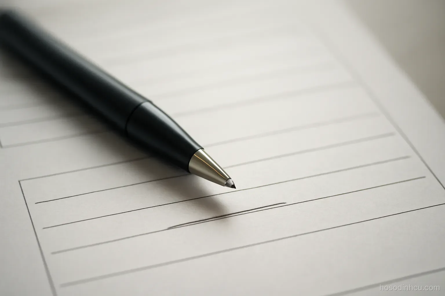 a pen resting on a form with one line lightly crossed out, close overhead view, writing not legible