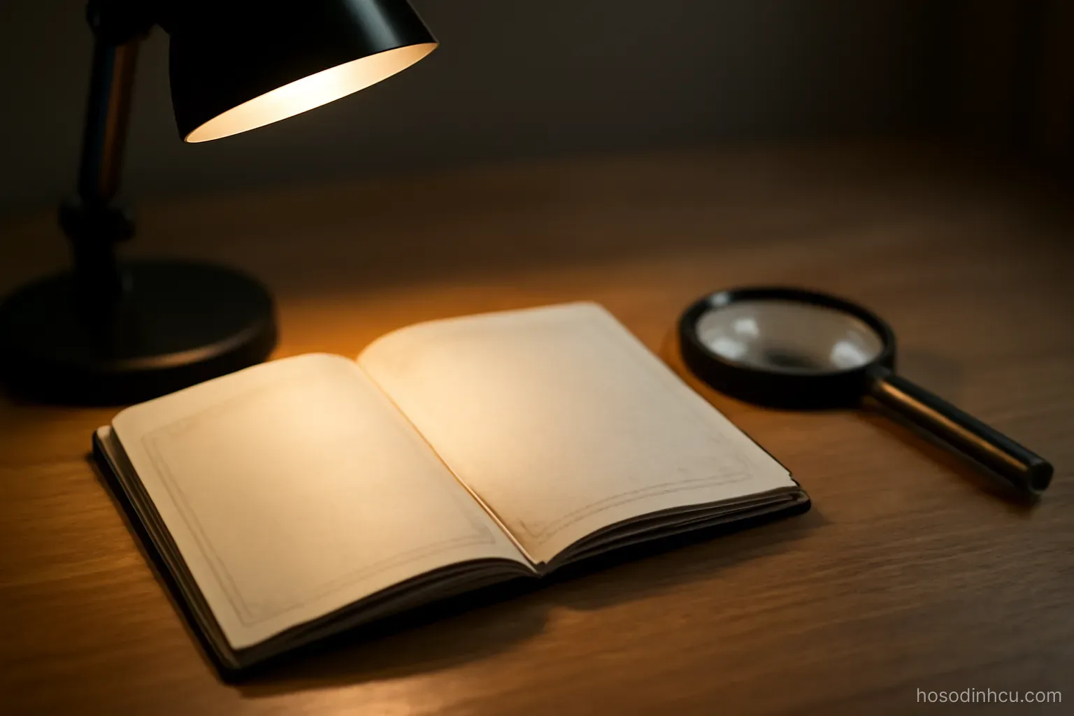 a passport lying open on a table under a desk lamp with a magnifier beside it, page details blurred