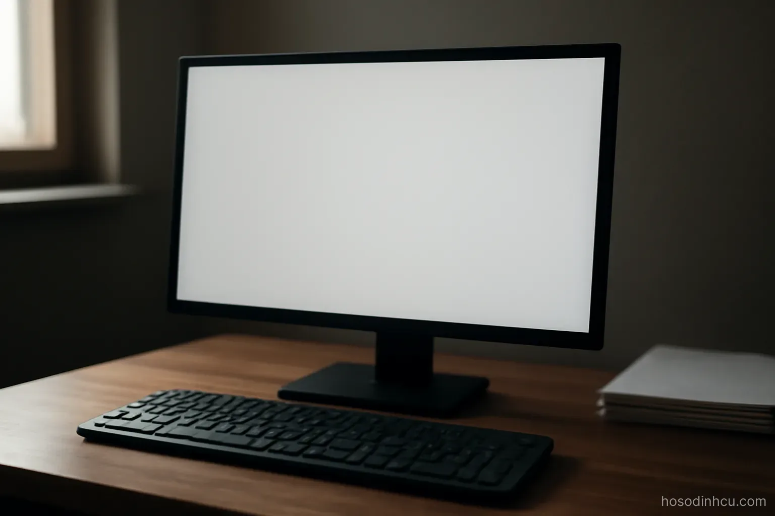 a computer monitor on a desk showing a blank screen with a keyboard in front, dim room, no visible content