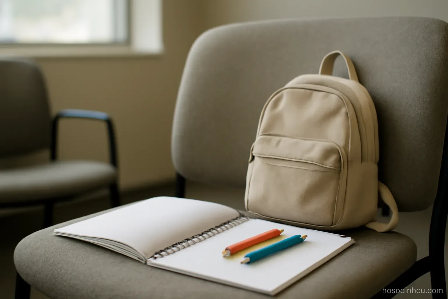 a child colouring book and a small backpack on a waiting room chair, soft indoor light, pages blank