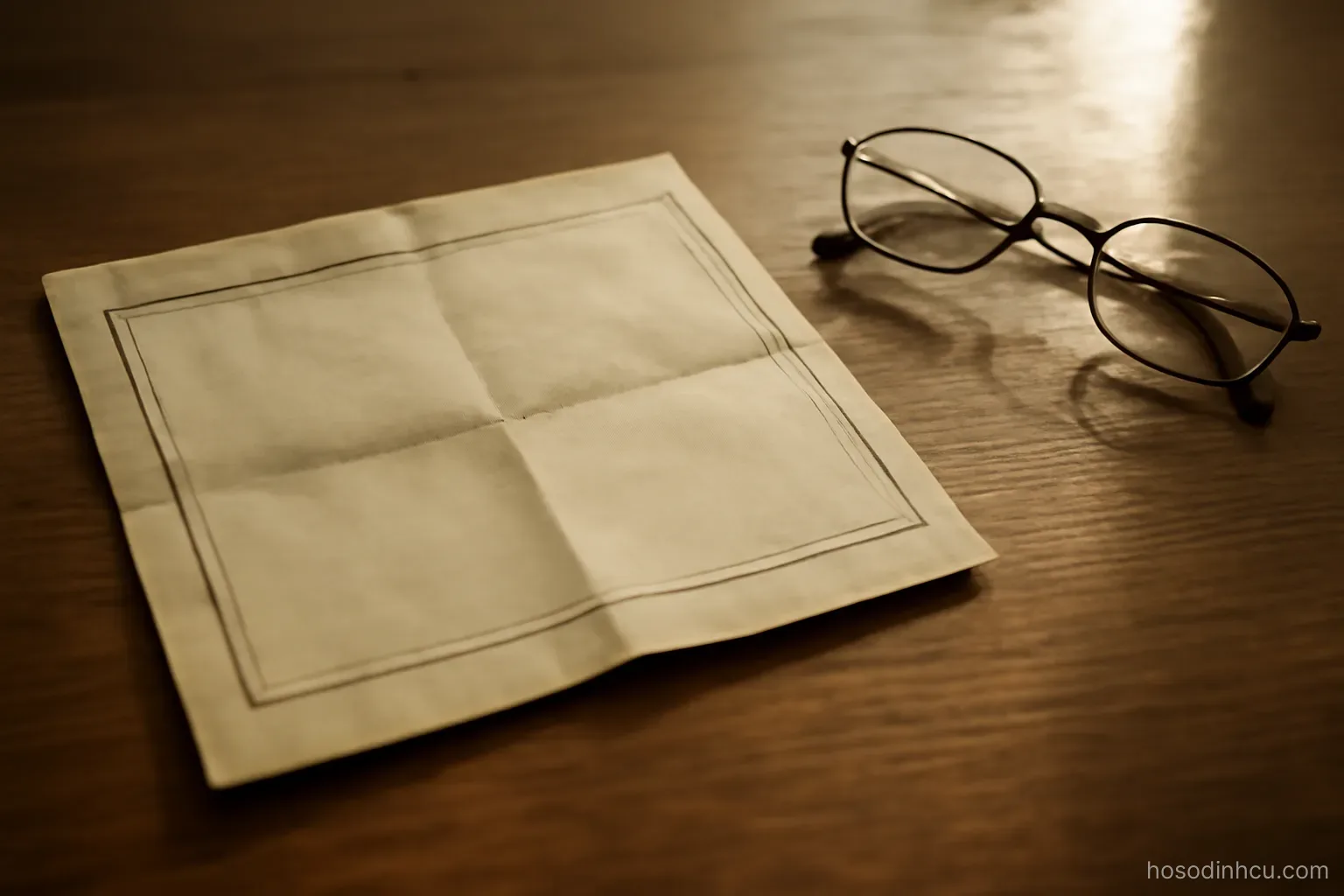 an old folded certificate lying on a wooden table beside a pair of reading glasses, warm daylight, text not legible