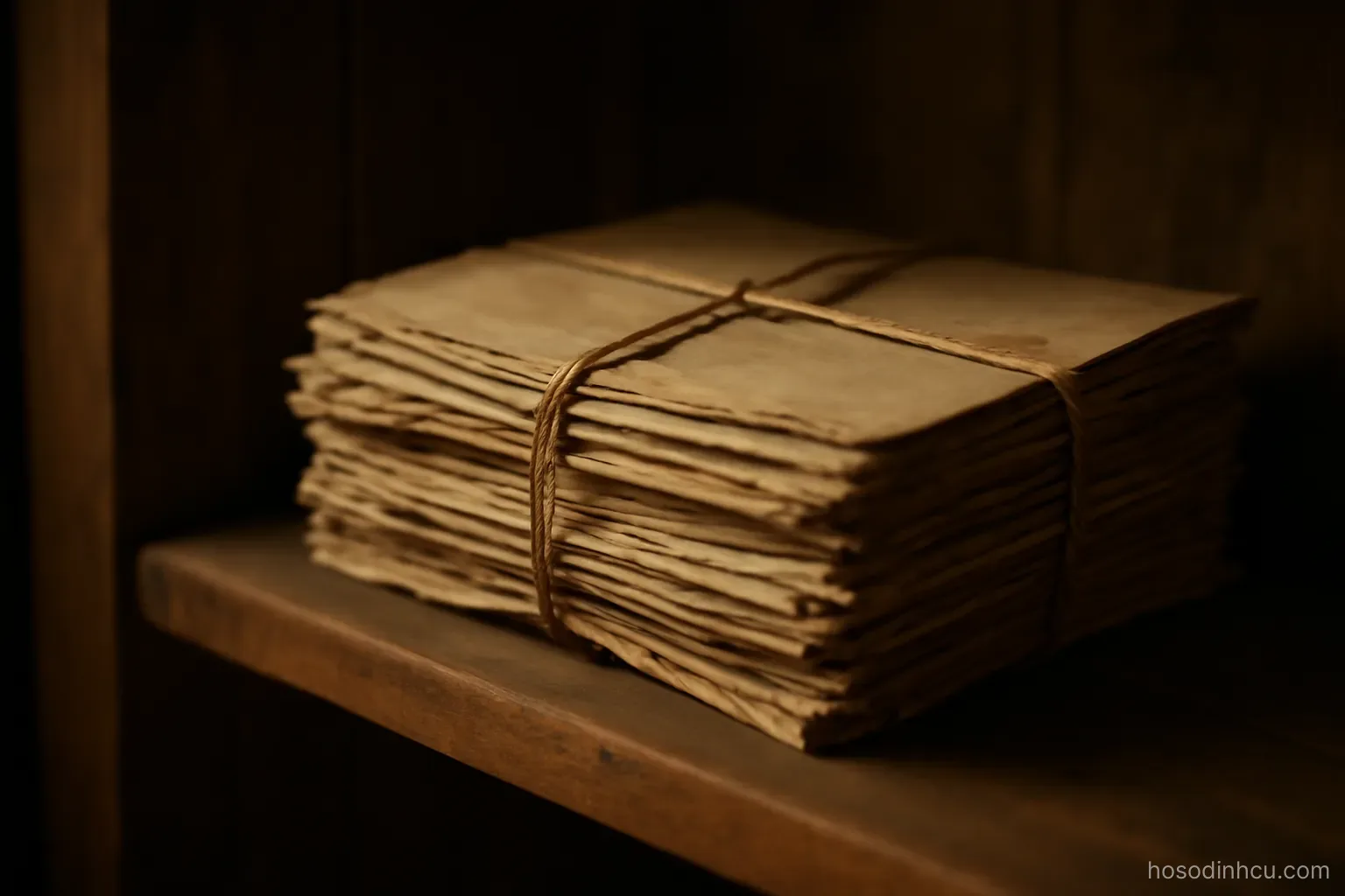 a small stack of very old papers tied with string resting on a wooden shelf, dim warm light, no readable text