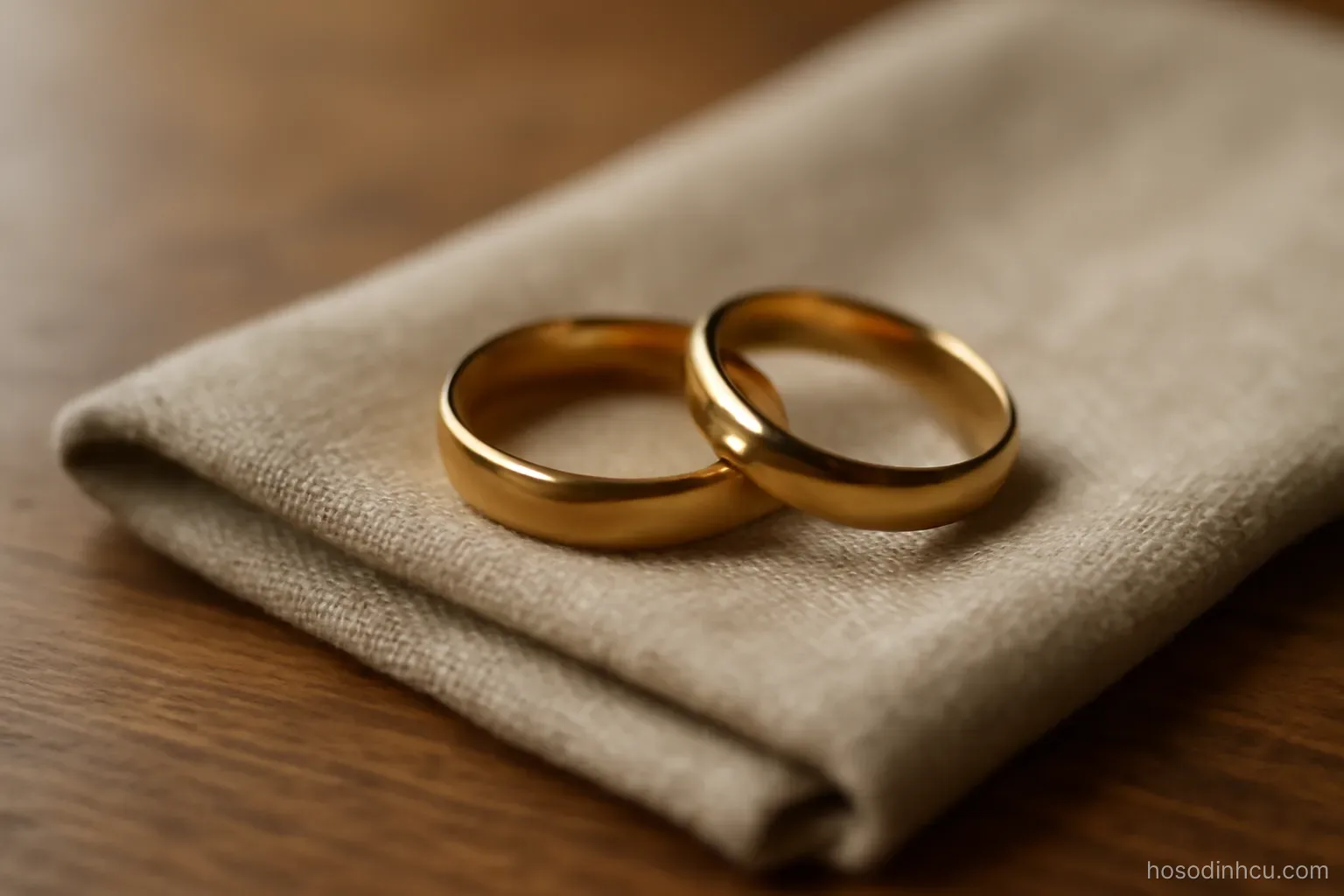 two plain wedding bands resting on a folded cloth on a table, close view, no engraving visible
