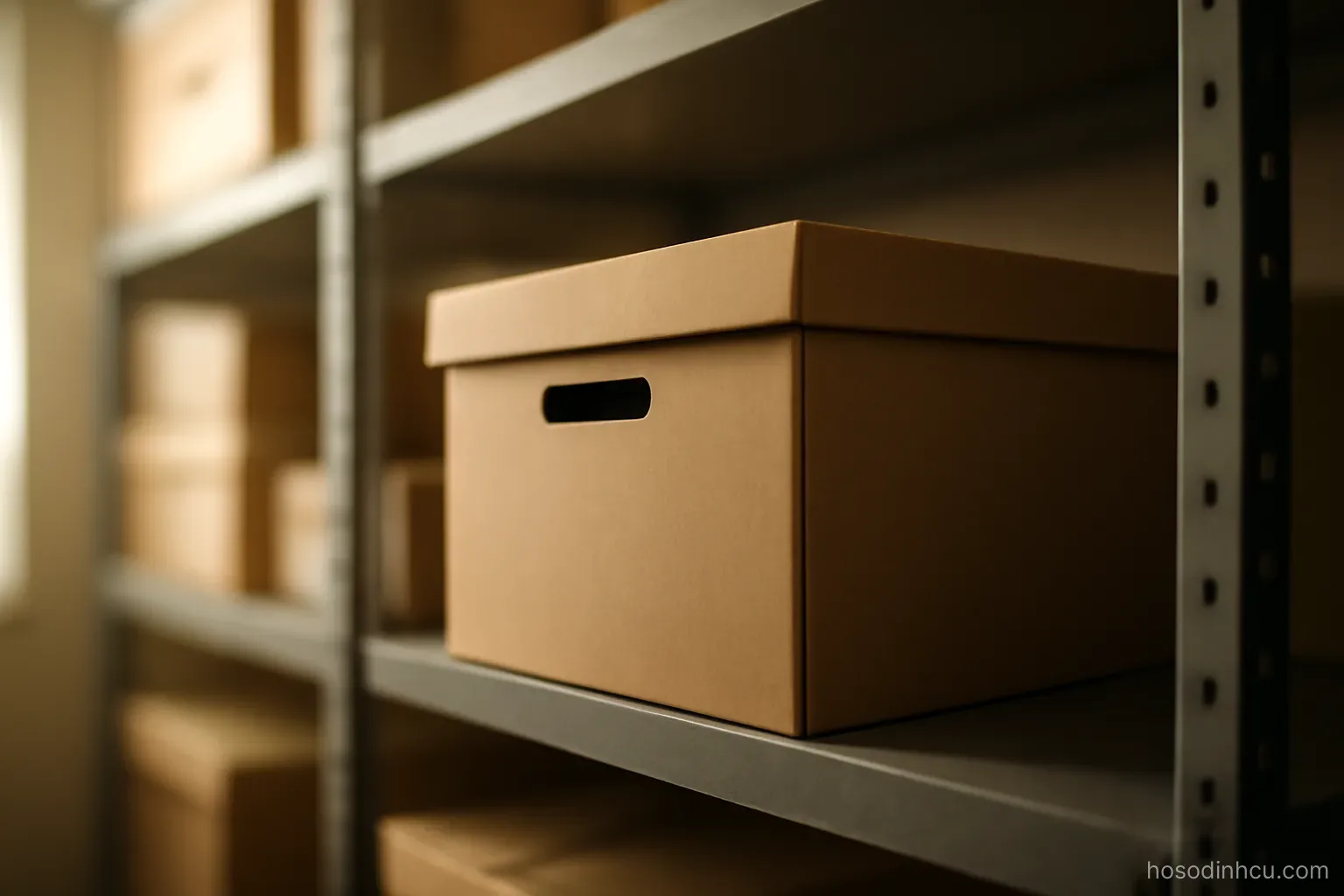 a closed archive box sitting on a high shelf in a tidy storage room, warm light, box unlabelled