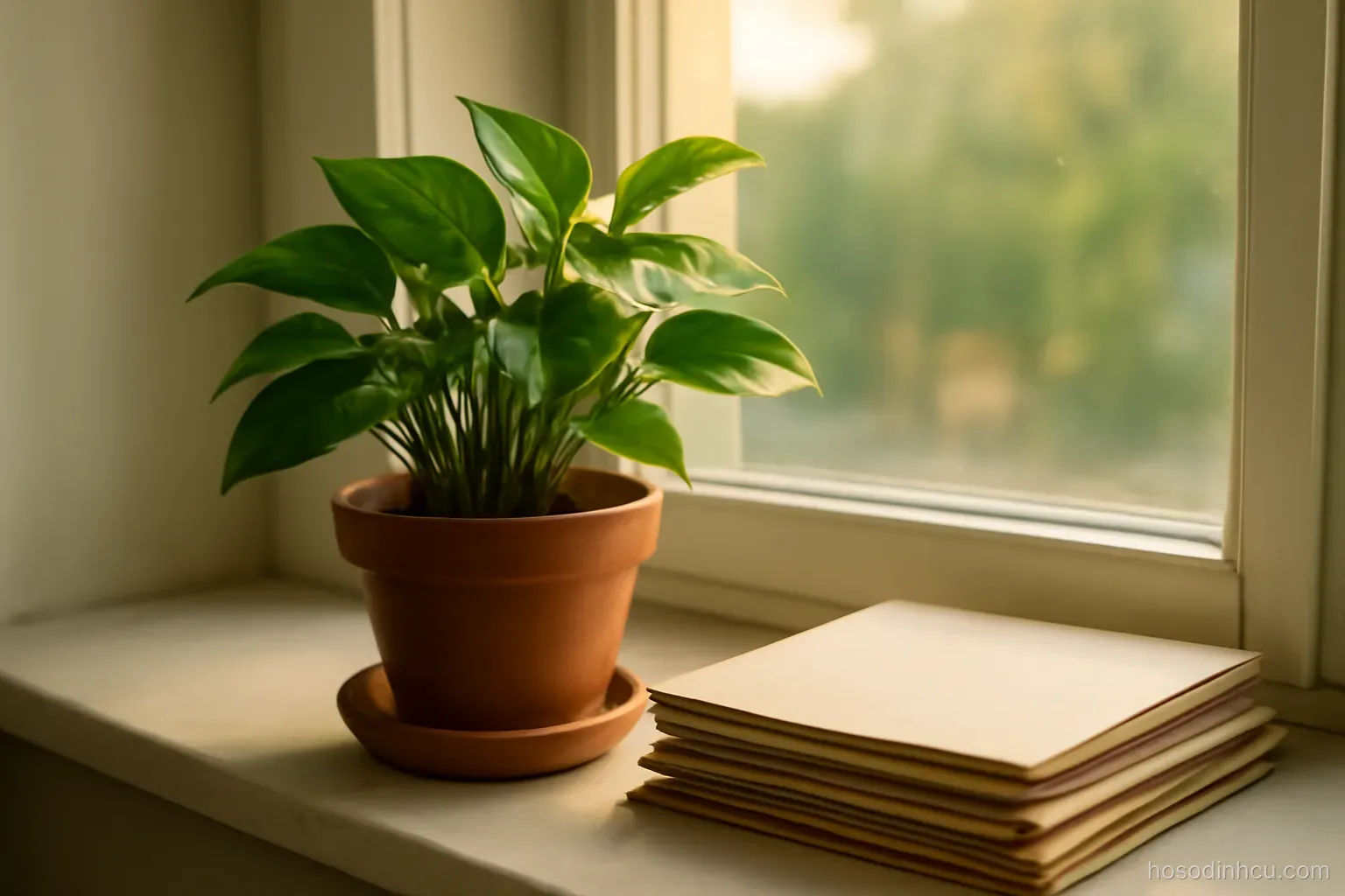 a potted plant on a windowsill beside a stack of folders, morning light, leaves green and healthy