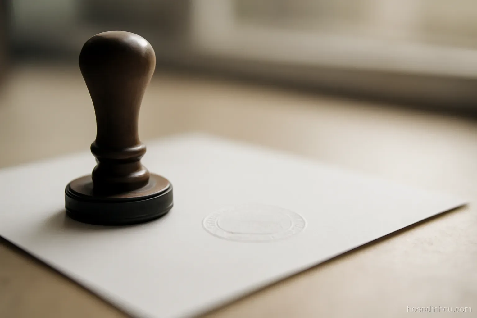 an official stamp pressed onto the corner of a document lying on a counter, close view, seal detail blurred
