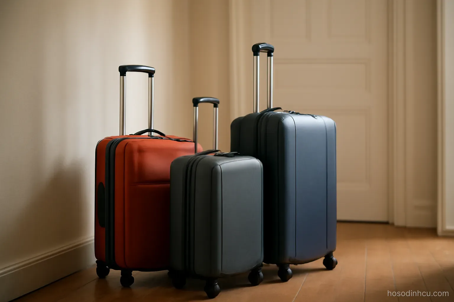 packed suitcases standing in an empty hallway near a door, afternoon light, no labels or tags