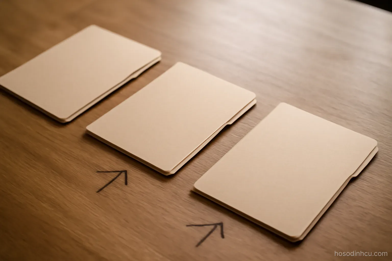 a simple flow of three paper folders arranged in a row on a desk with arrows drawn between them in pencil