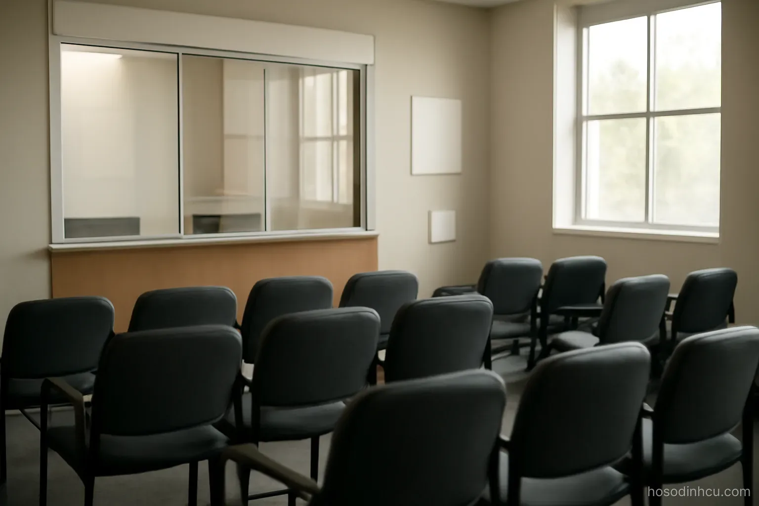 an embassy style waiting room with rows of chairs and a service window, neutral daylight, no signage