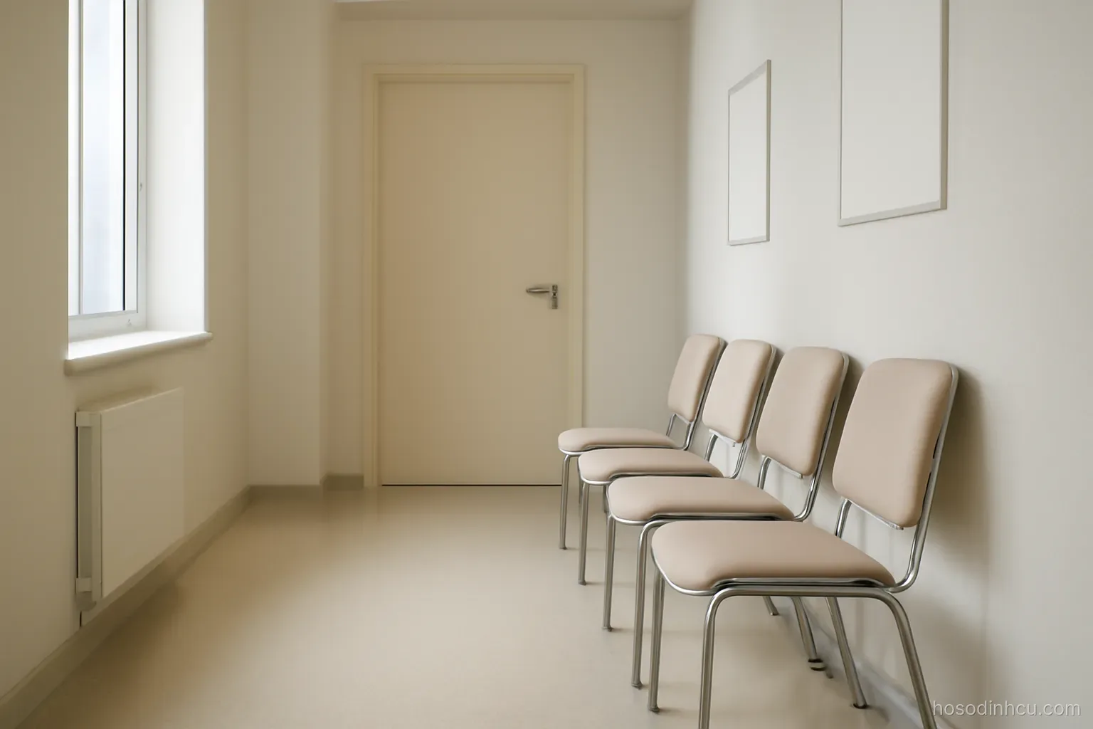 a clinic waiting corridor with a row of chairs and a closed consultation door, clean bright light, no signage
