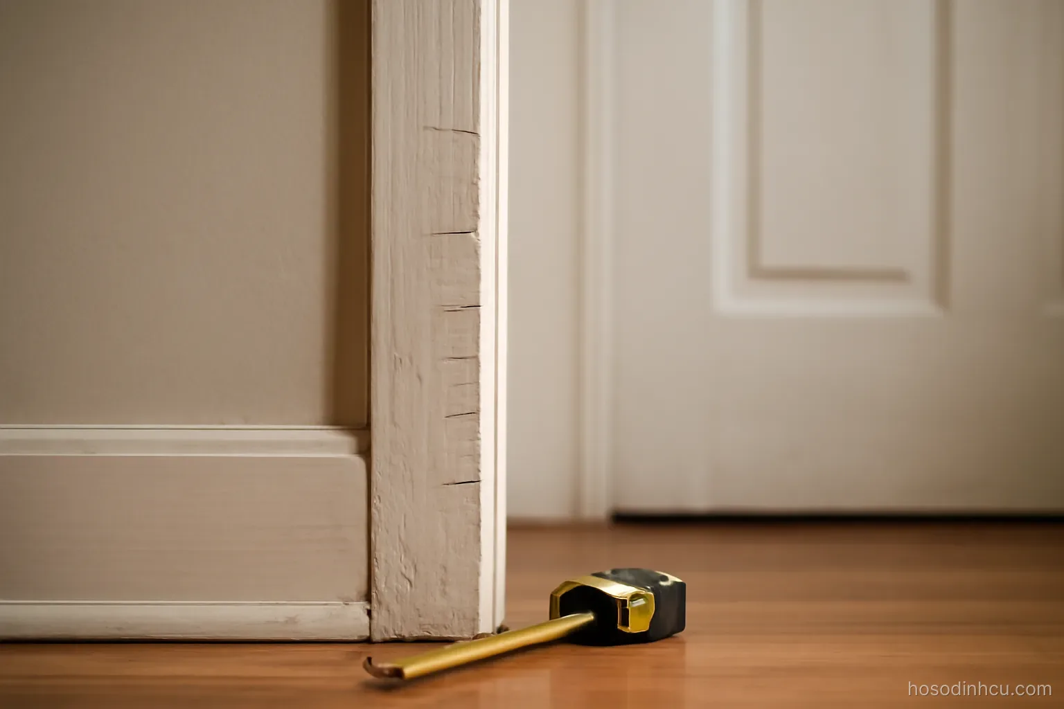 a doorframe with pencil height marks and a measuring tape lying on the floor beside it, soft daylight
