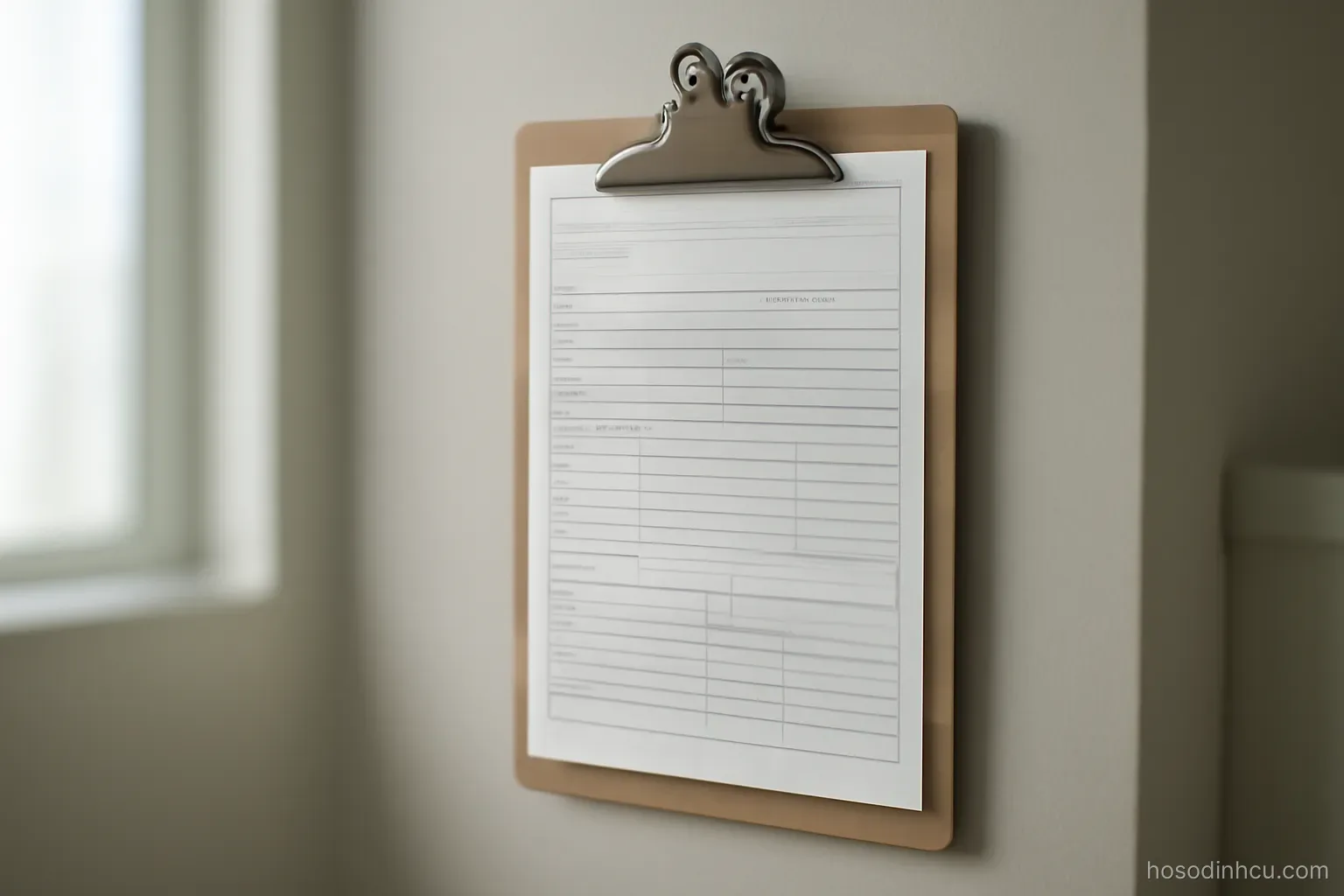 a medical chart clipped to a board hanging on a clinic wall, close view, chart content blurred