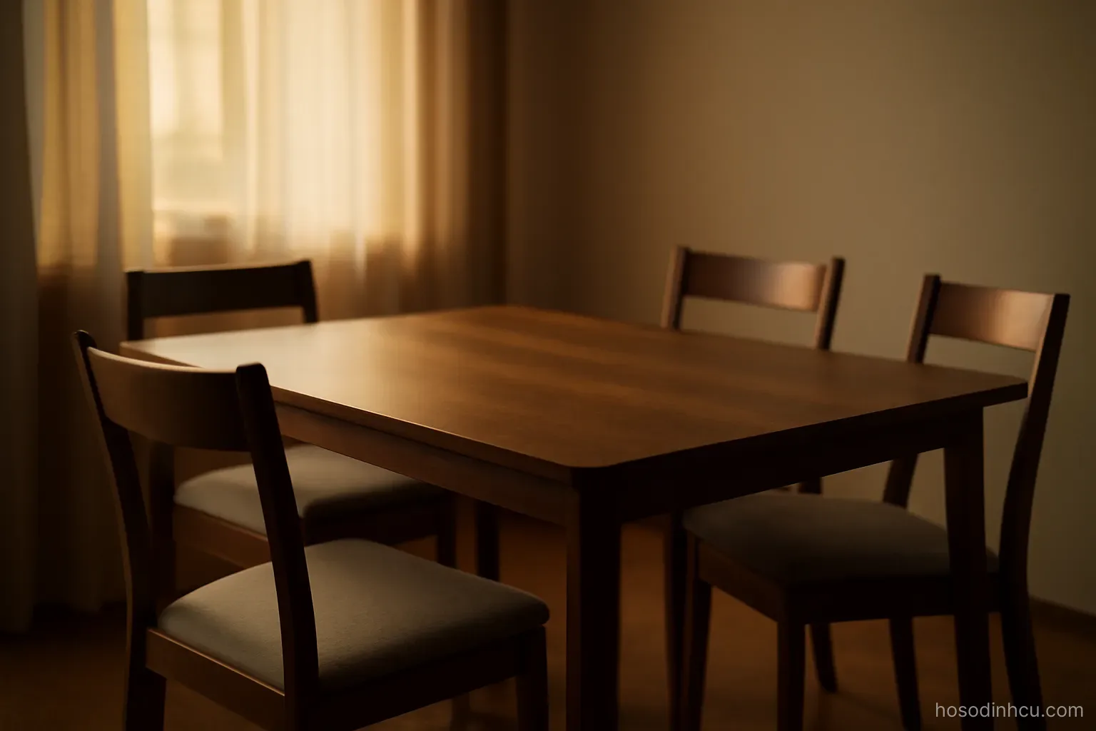 four chairs around a dining table with one chair pulled slightly away, evening light, table empty