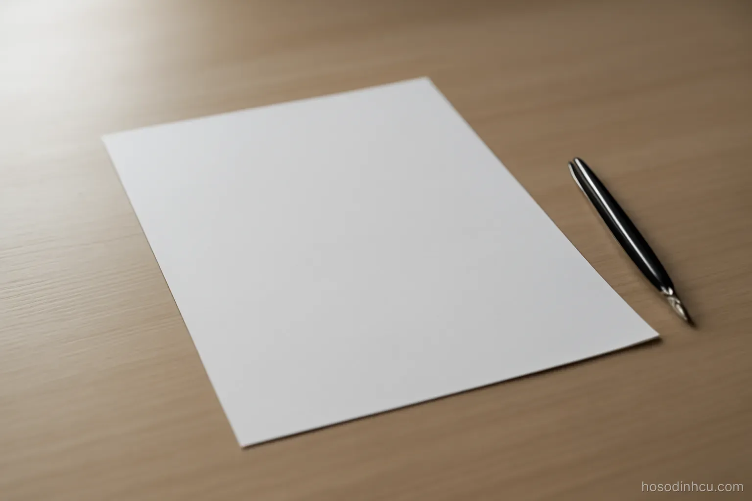 a single sheet of paper lying face down on a plain table with a closed pen beside it, soft even light