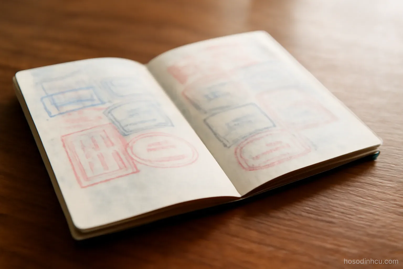 a passport lying open at a page of entry stamps on a desk, close view, stamps blurred and unreadable