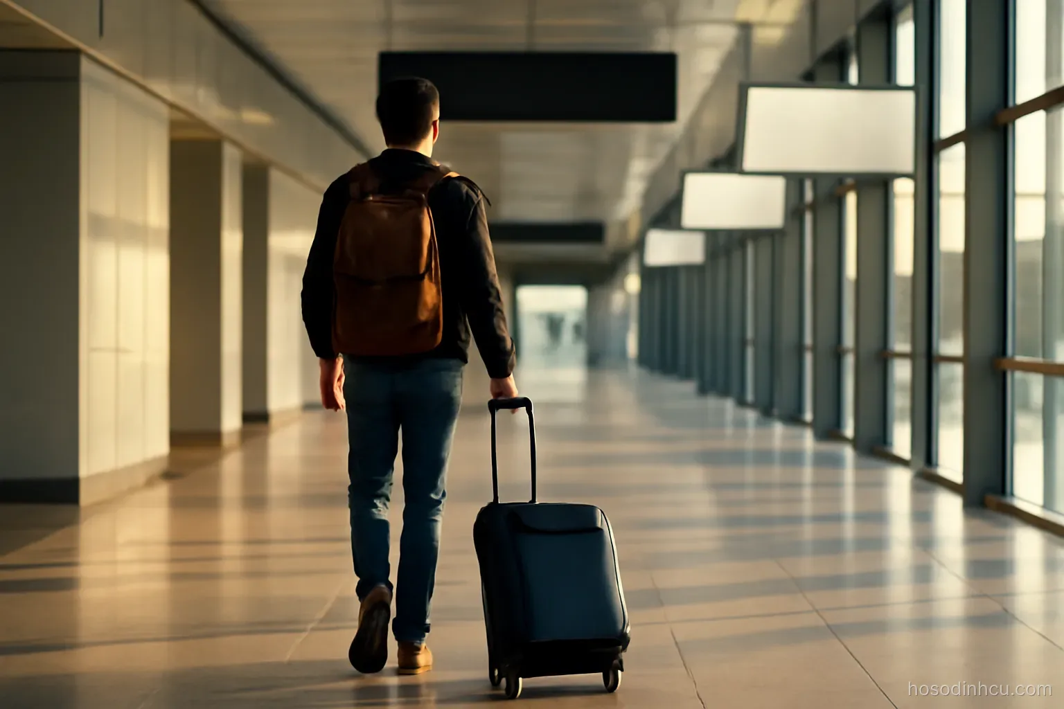 an arrivals corridor in an airport seen from behind a traveller pulling a suitcase, morning light, no signage