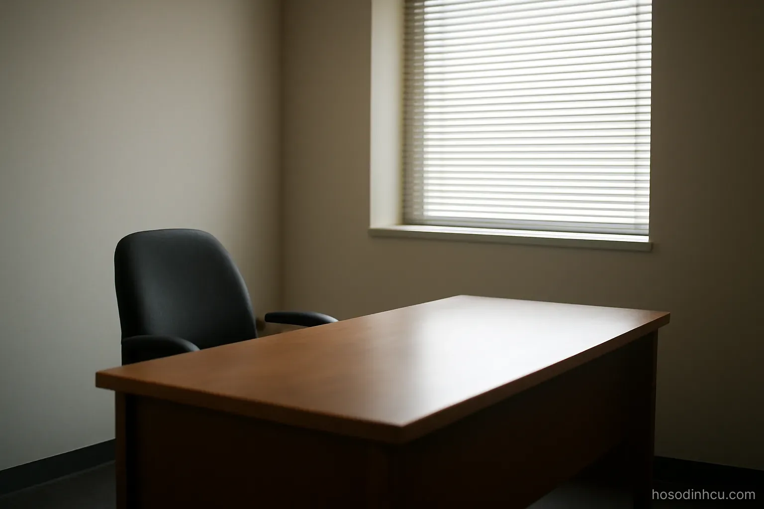 a plain interview room with a desk, a chair and a window with blinds half open, natural light, no objects on the desk