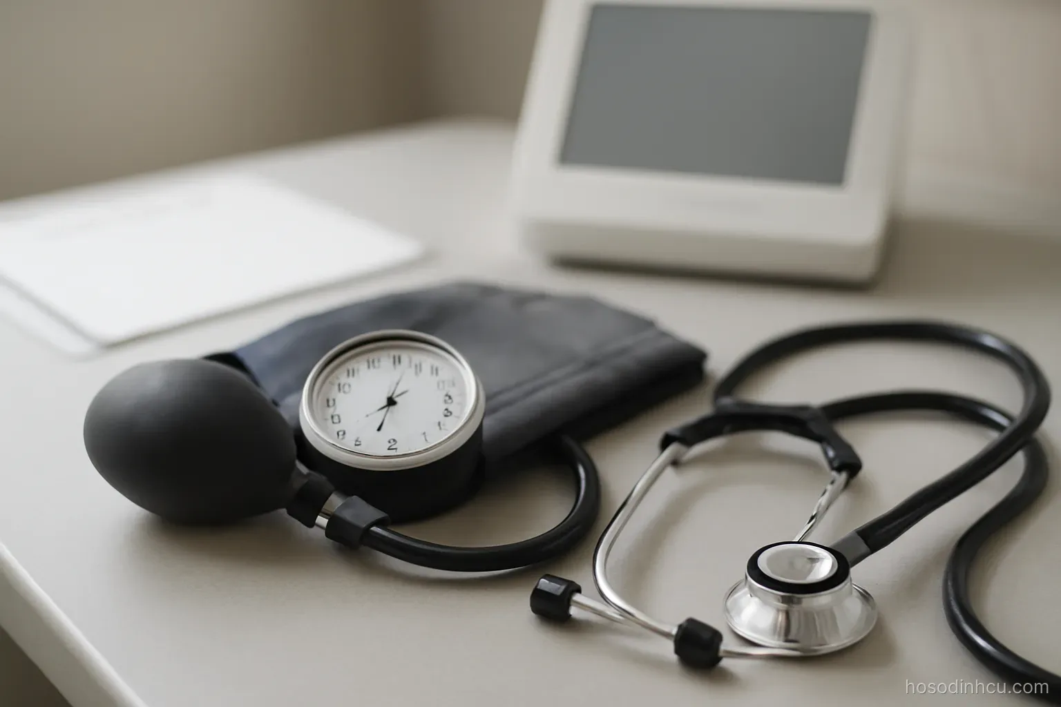 medical equipment on a clinic counter with a blood pressure cuff and a stethoscope, close view, no labels