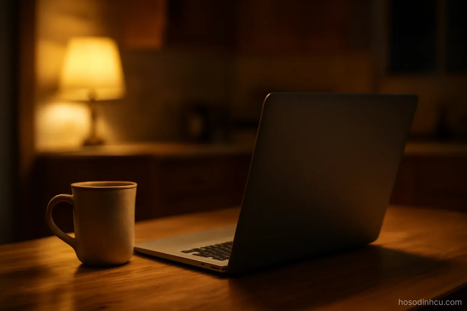 a laptop open on a kitchen table at night with a mug beside it, screen facing away, warm lamp light
