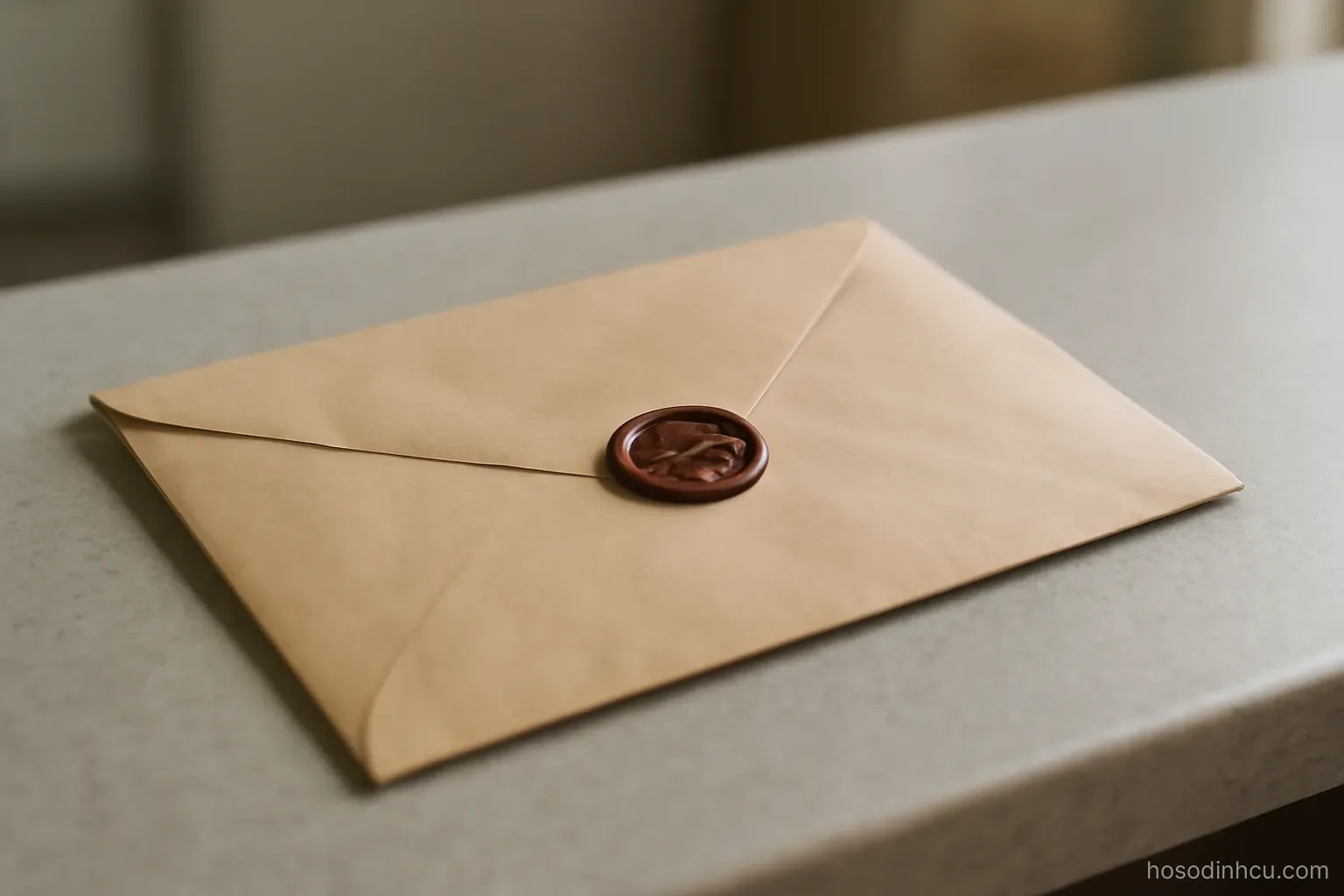 a plain envelope with an official looking seal resting on a counter, close view, no readable print