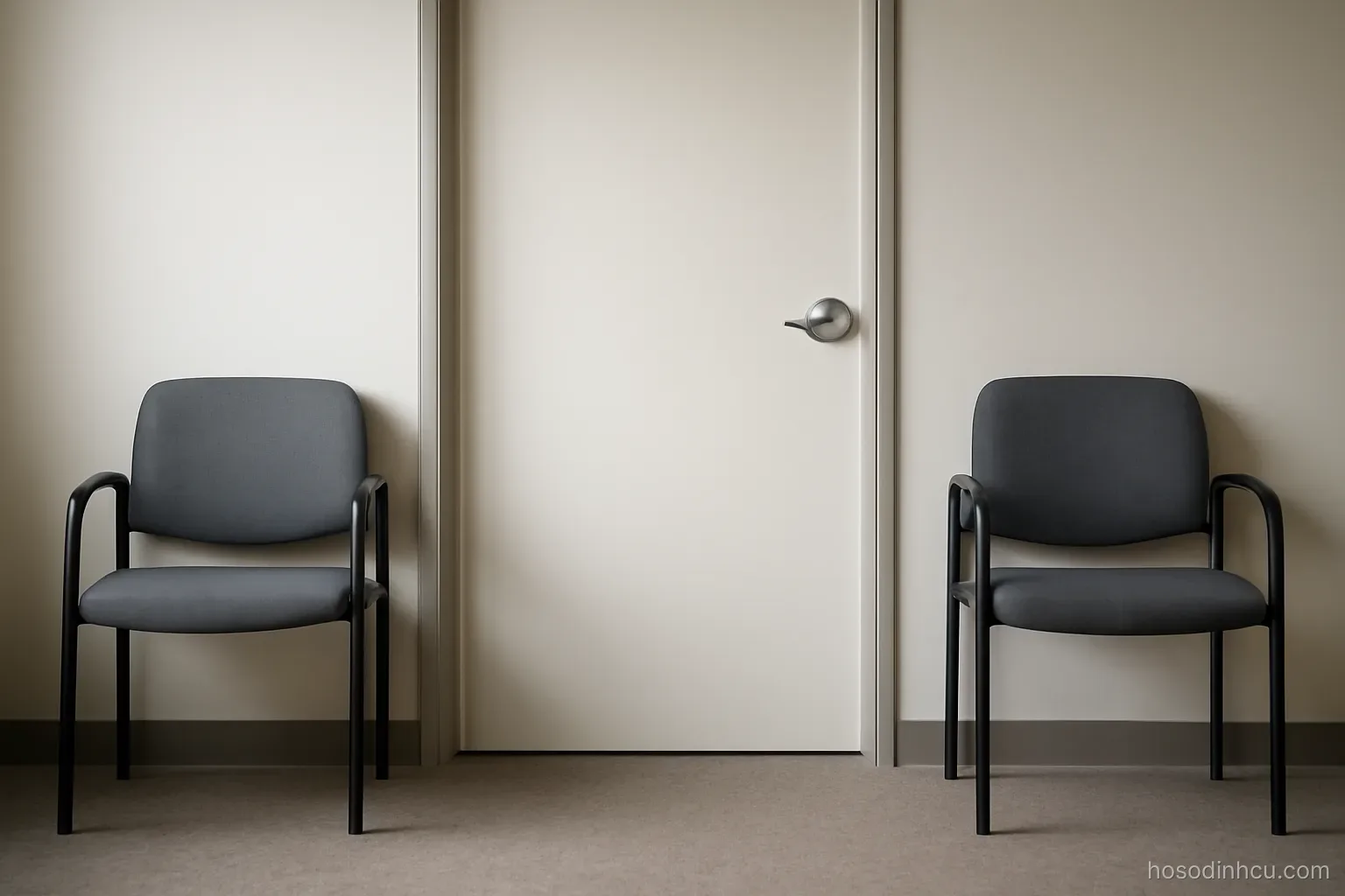 two chairs placed apart in a waiting area with a closed door between them, neutral light, no people