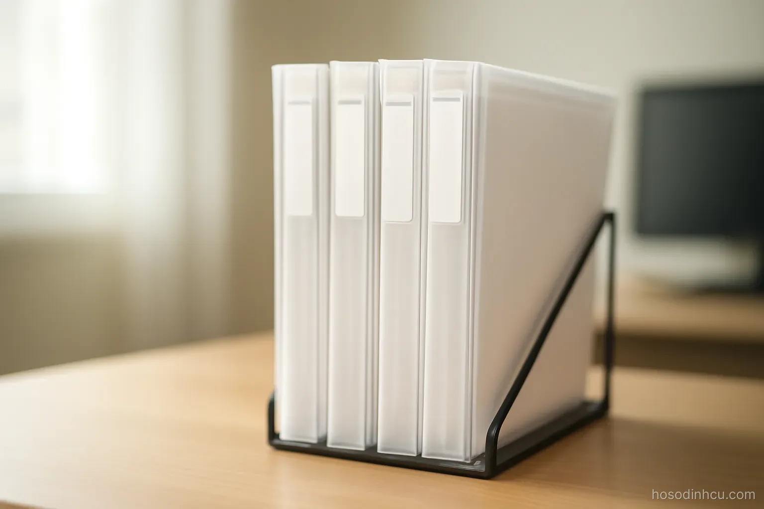 labelled document sleeves standing in a desktop file holder, side view, labels blank, soft office light