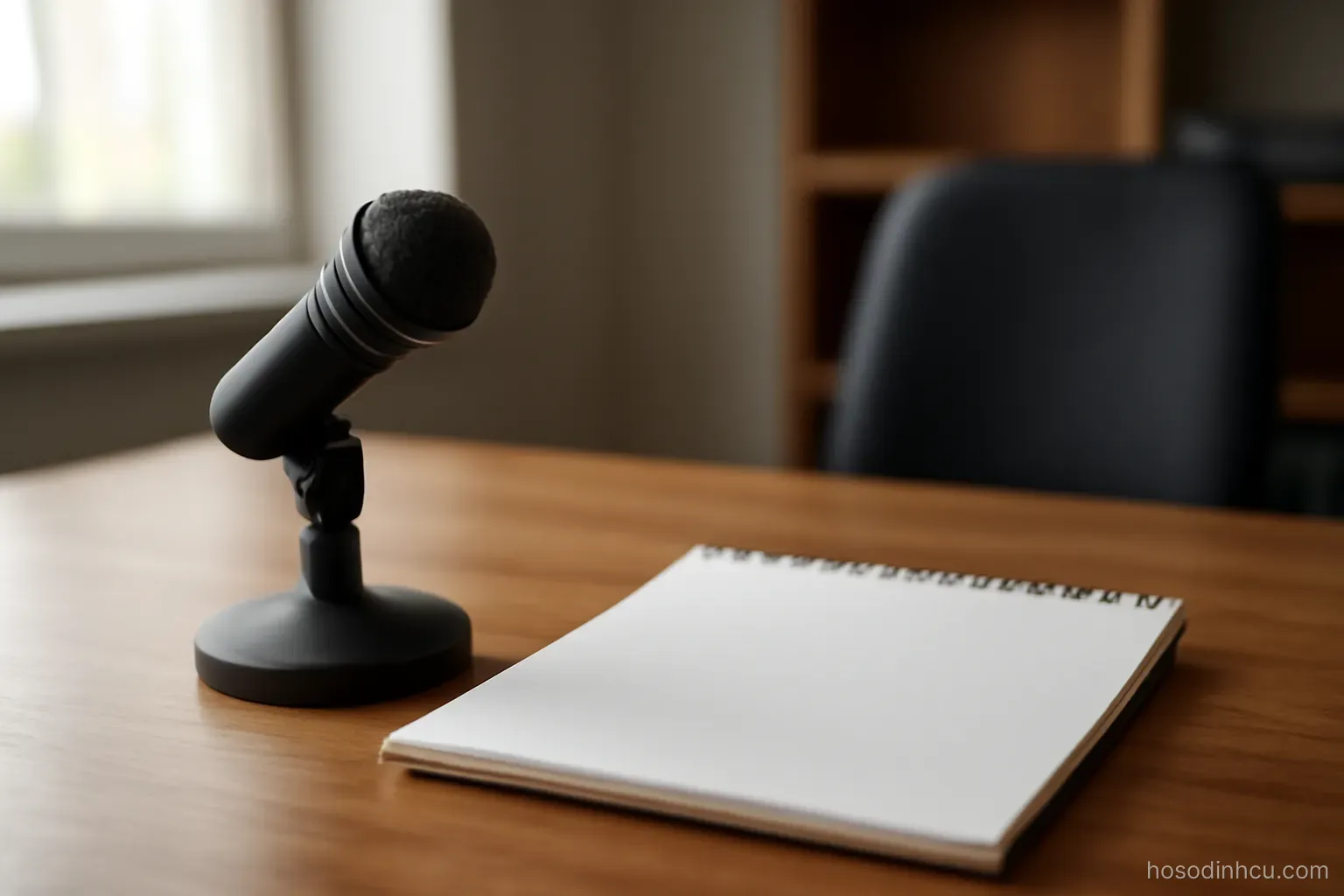 a small microphone and a notepad on a desk in a quiet office room, close view, notepad blank