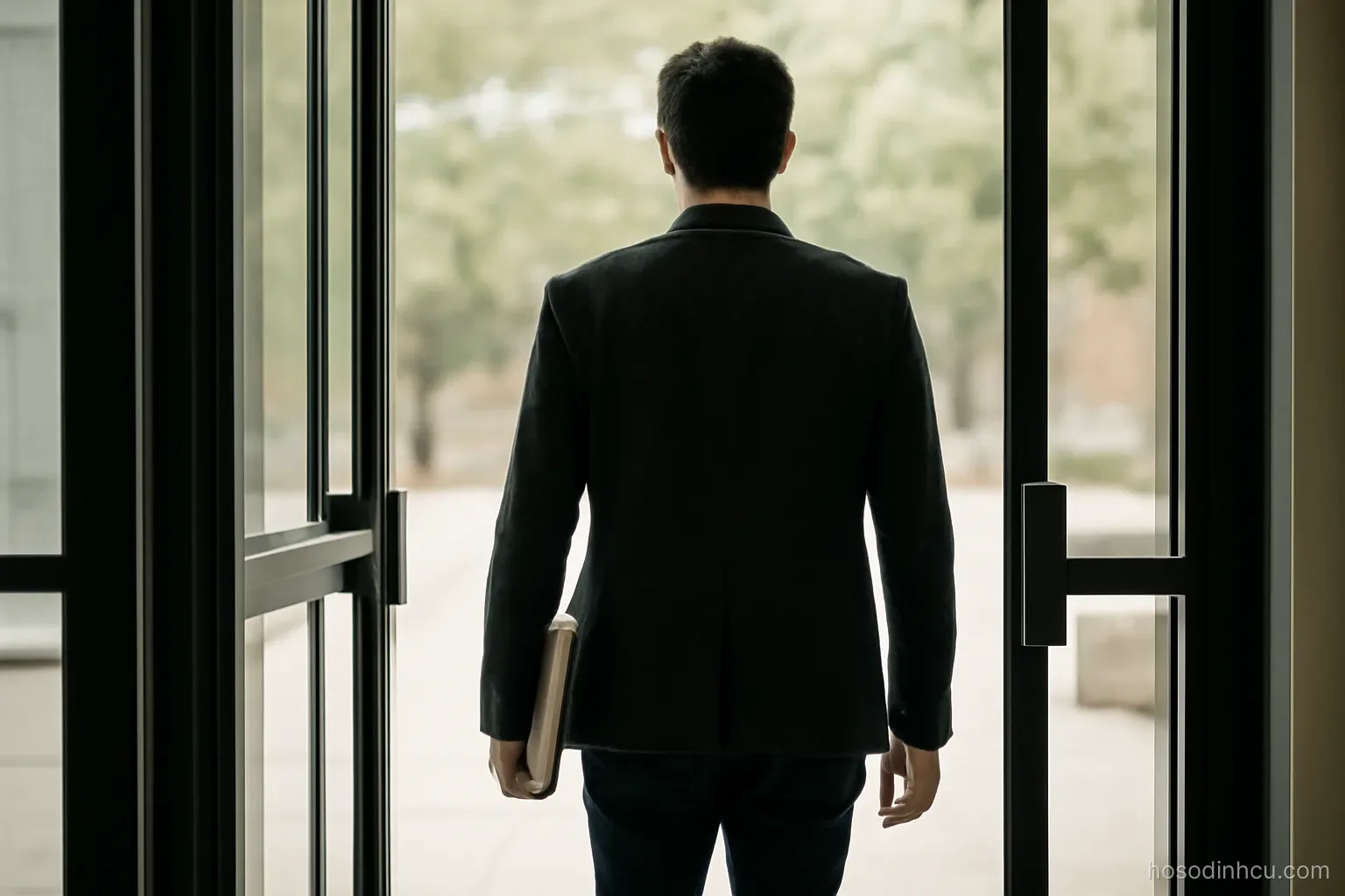 a person walking out through a glass door into daylight carrying a folder, seen from behind, no signage