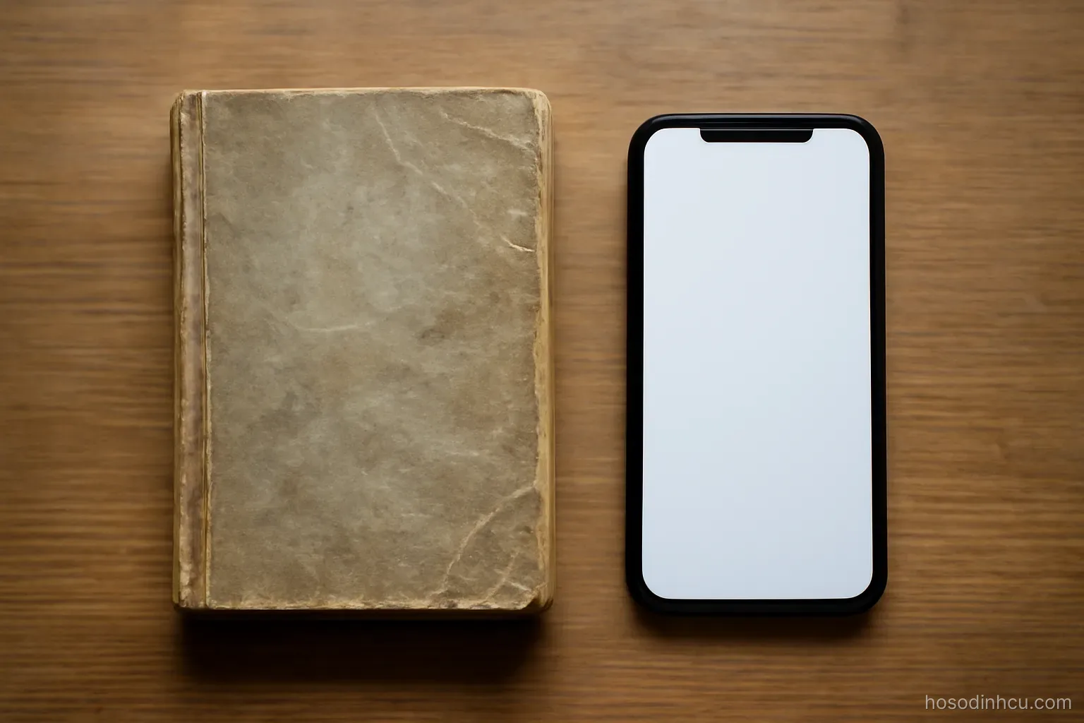 a worn booklet with a faded cover lying closed on a desk beside a smartphone, top down view, no readable text