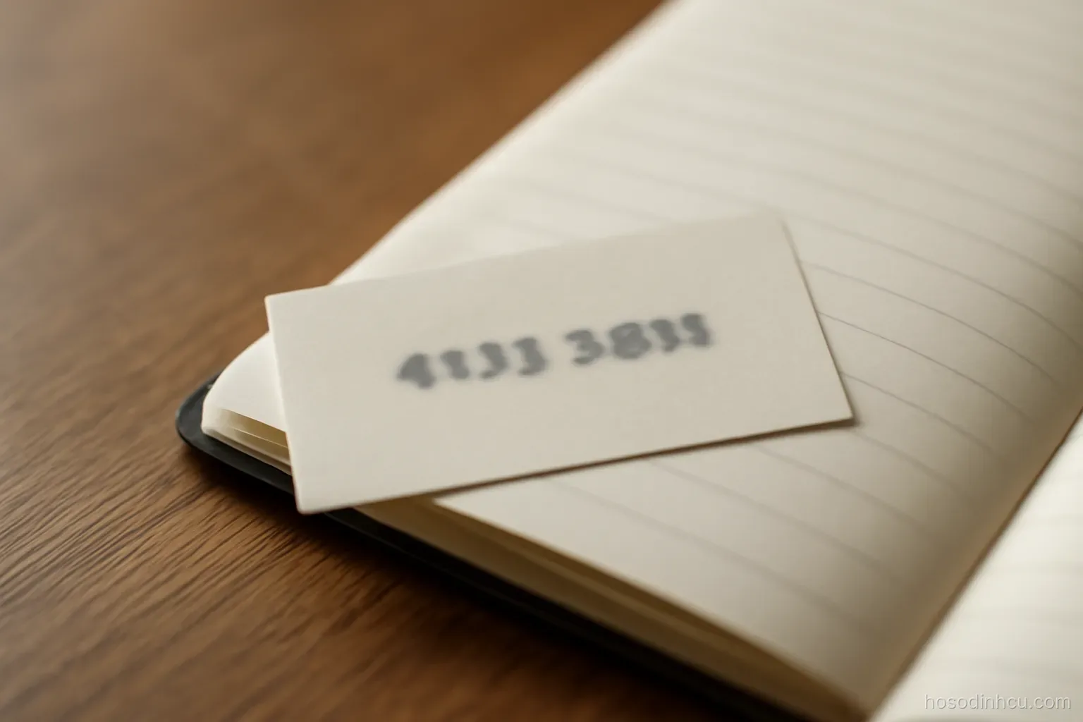 a small paper slip with a reference number tucked into a notebook on a desk, close view, digits blurred