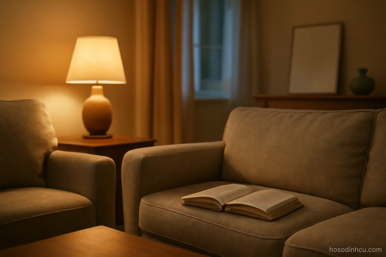a family living room in the evening with a lamp on and a book left open on the sofa, warm quiet light