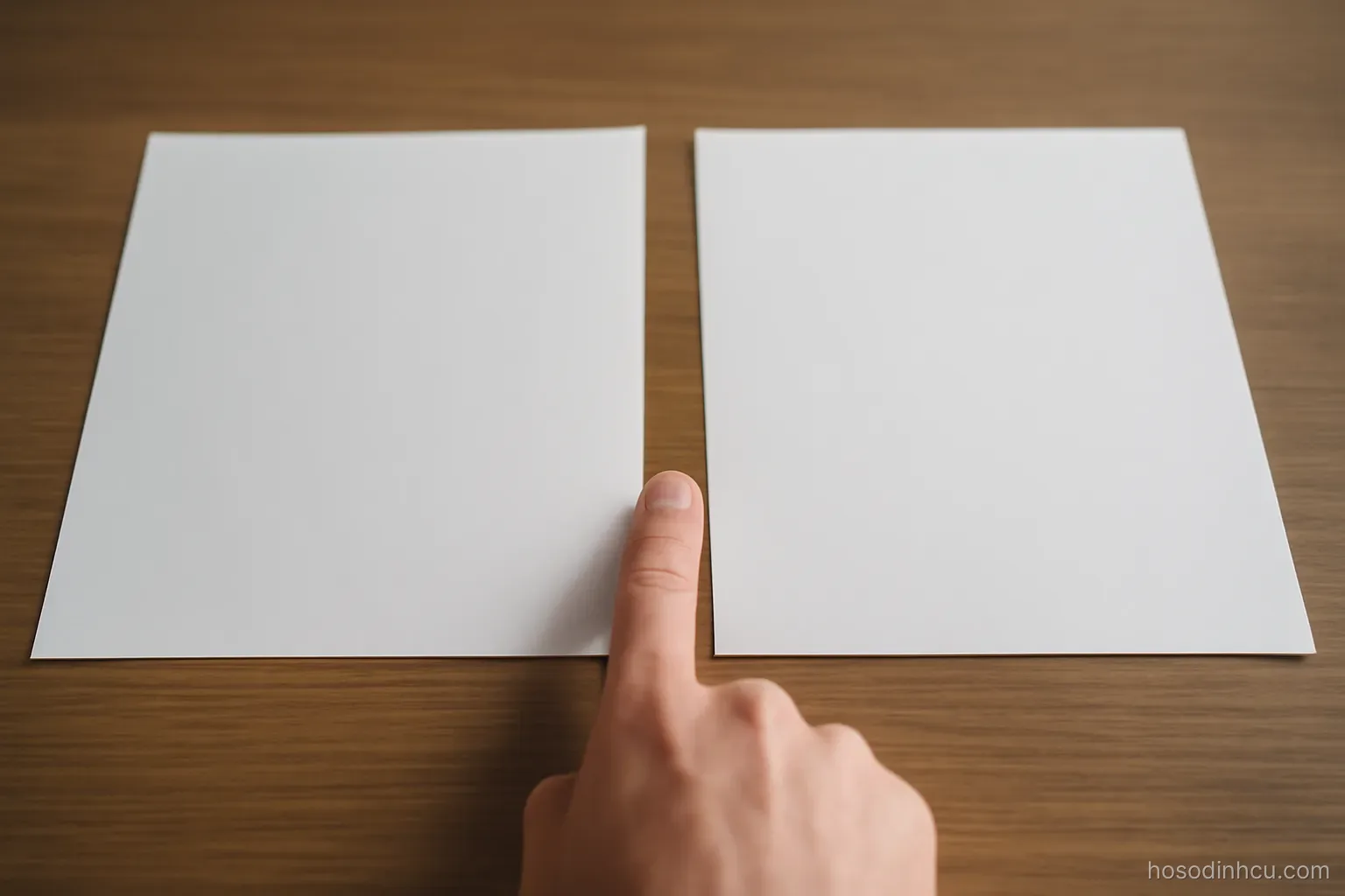 two sheets of paper laid side by side on a desk for comparison, a finger pointing between them, text not legible