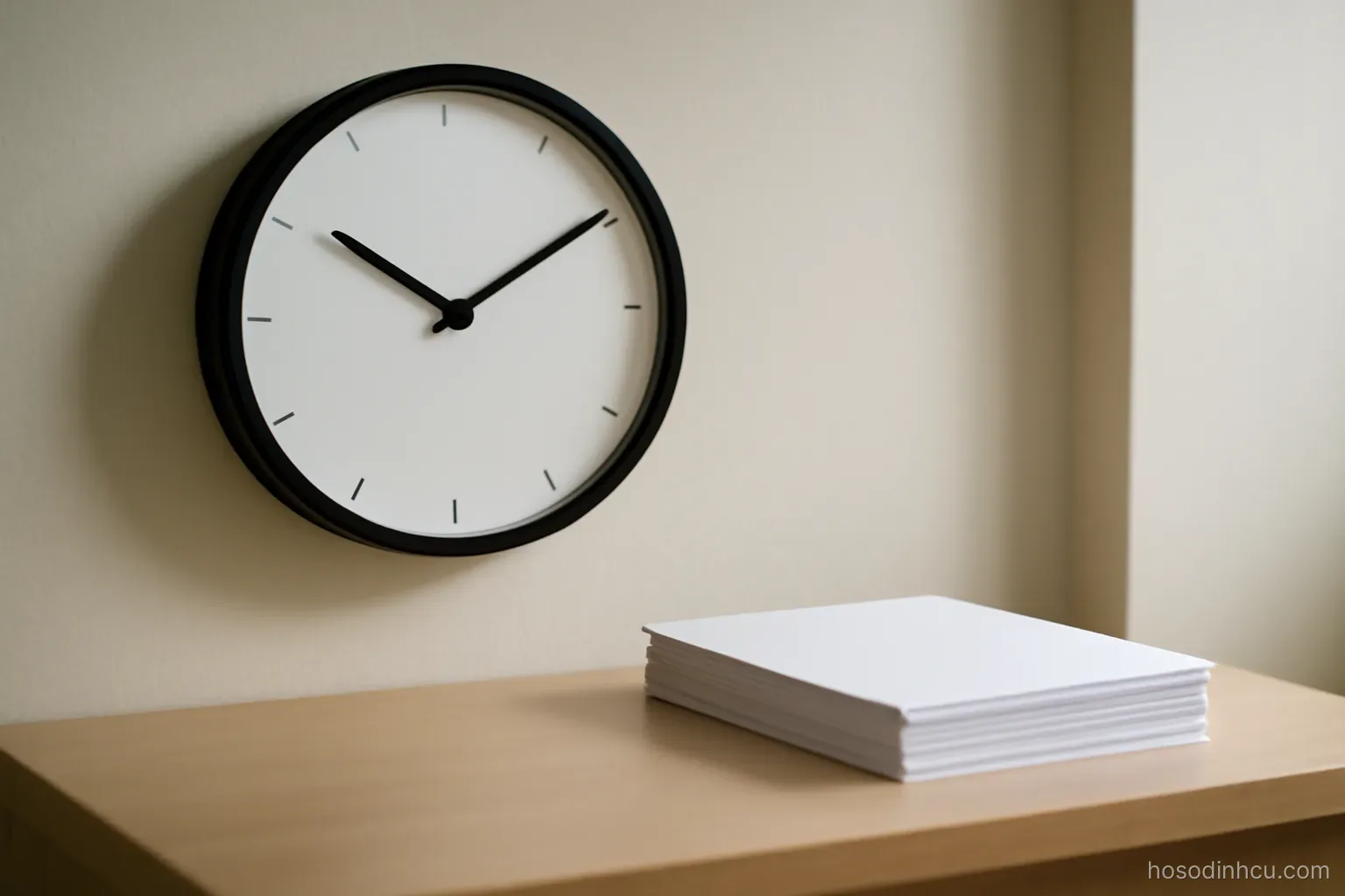 a wall clock and a small stack of paper on a clinic reception desk, side light, clock face plain without numbers