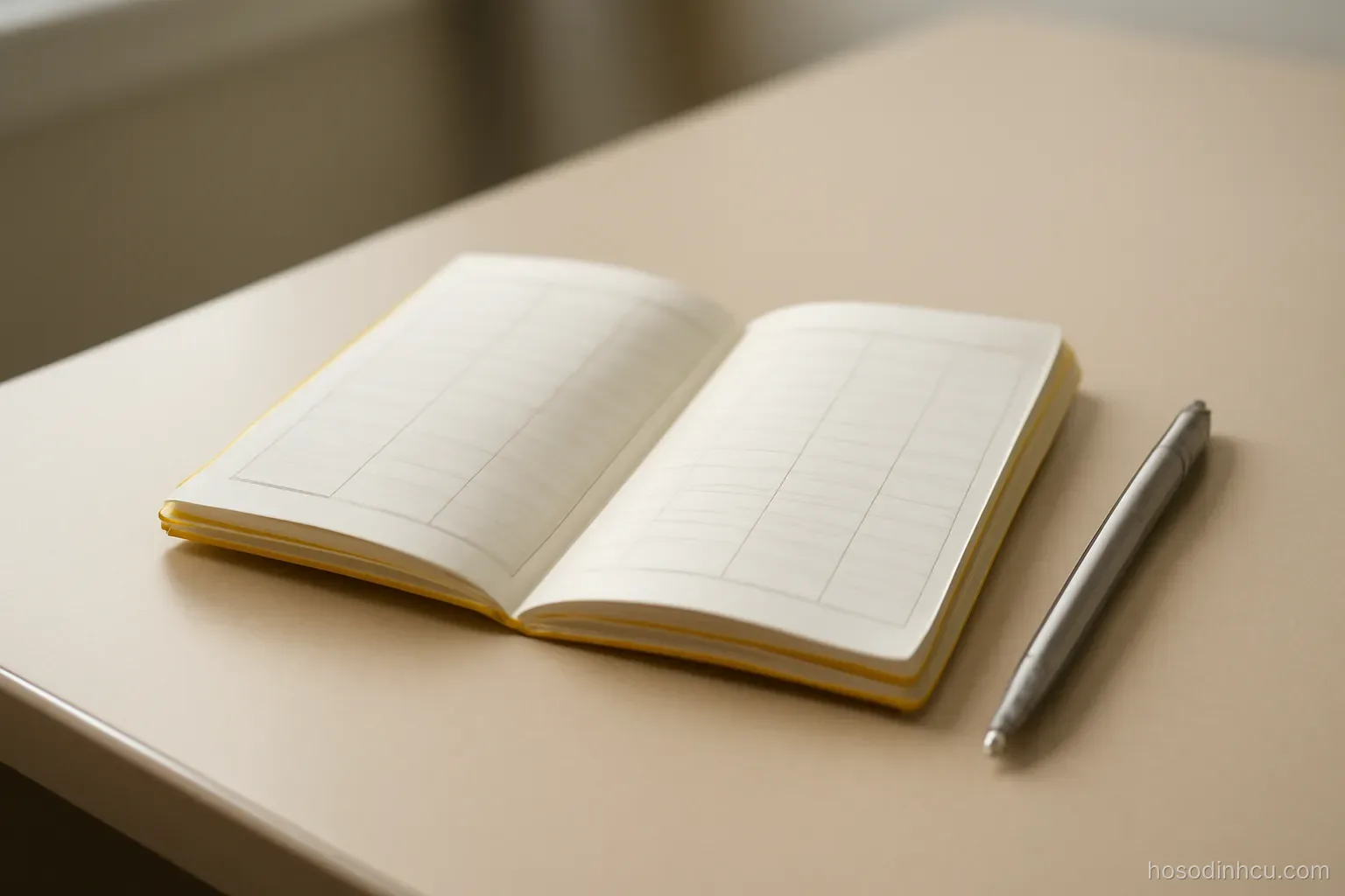 a small vaccination record booklet lying open on a clinic desk beside a pen, pages blank and unreadable