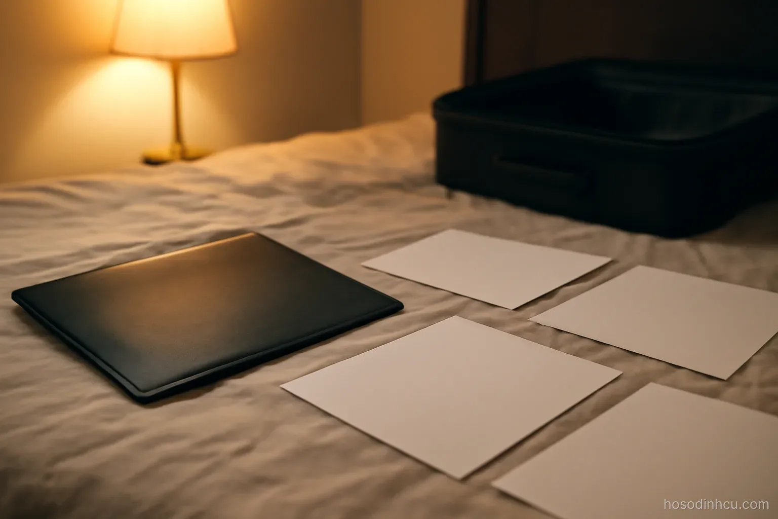 a folder and a set of documents laid out on a bed the night before a trip, warm lamp light, papers face down