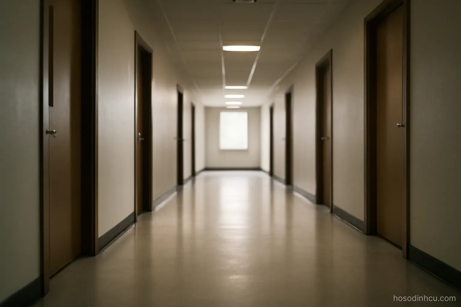 a long empty hallway with doors on both sides receding into soft light, wide view, no signage